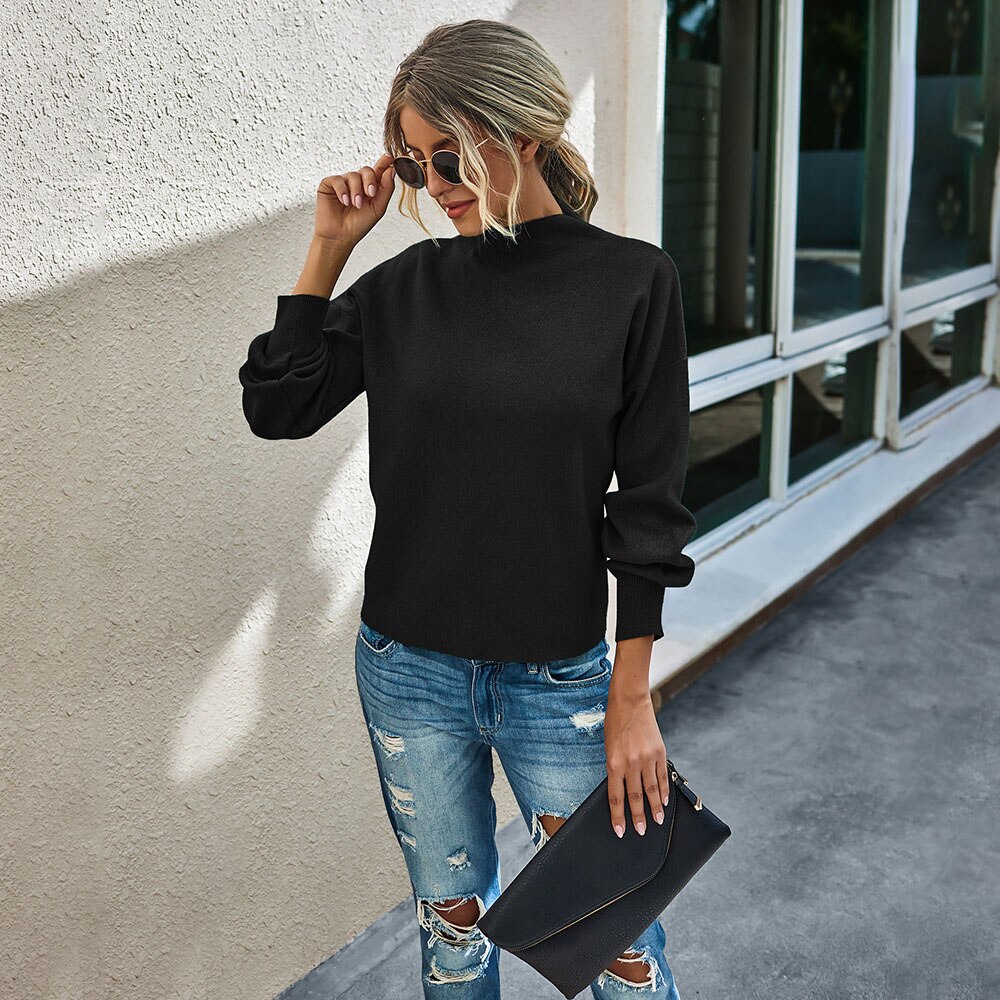 Gebreide trui dames herfst winter basic effen groen lange mouwen tops losse truien truien herfst dameskleding: Zwart / Ik