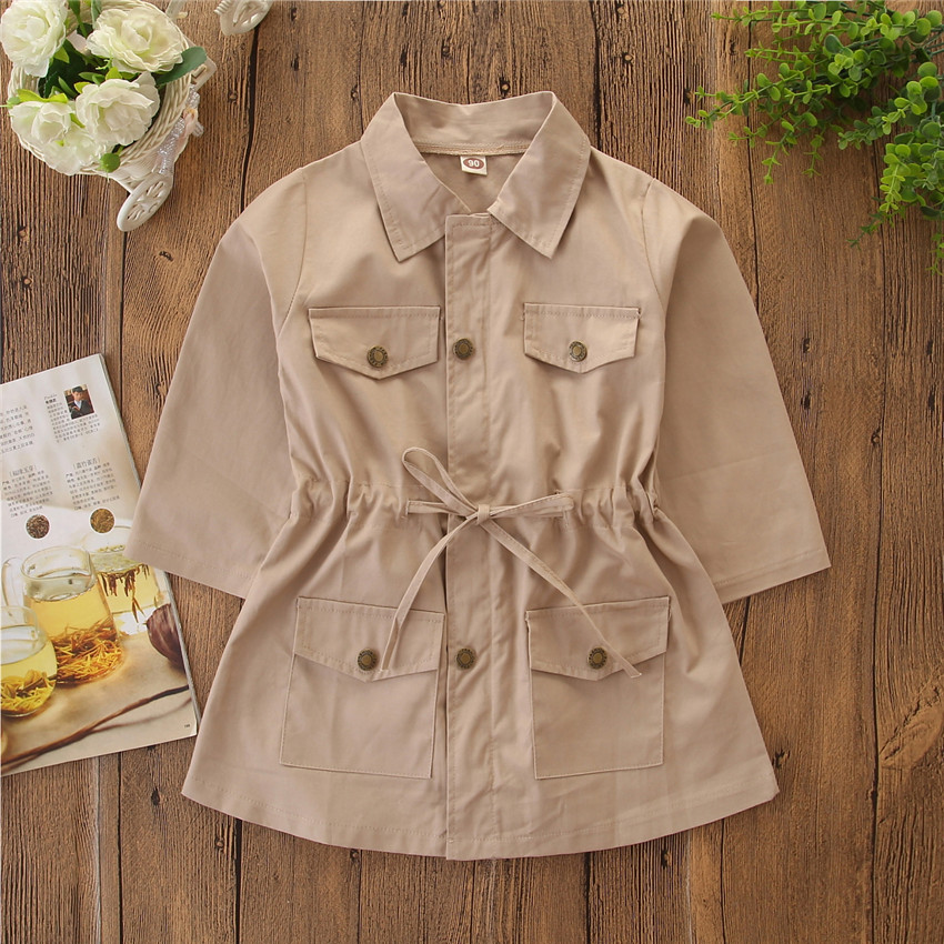 Gabardina Safari con bolsillo y cordón para bebé, traje de manga larga con cuello vuelto y botones, ropa de otoño para niñas pequeñas con solapa de doble botonadura: Khaki / 6 años