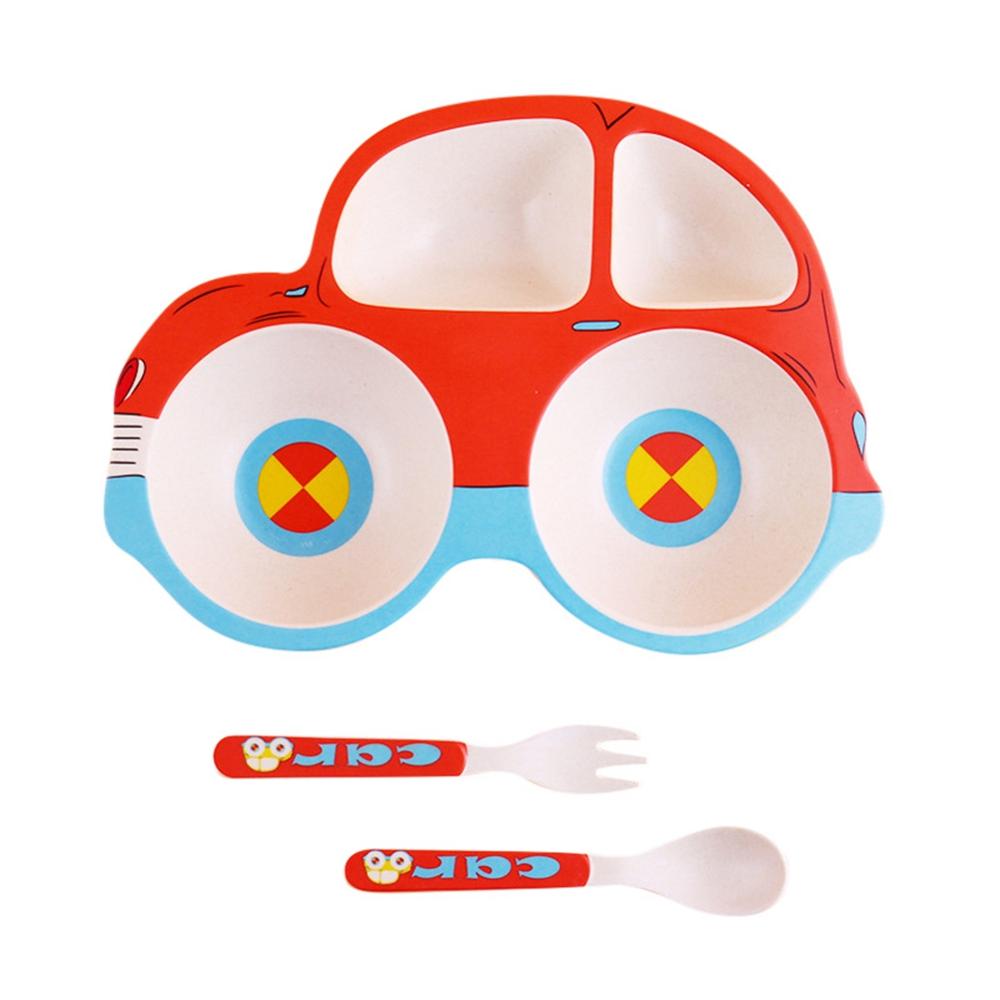 Children's Plate Cute Car Cartoon Household Dishes Bowls Baby Feeding Plate Toddlers Eating Tray Fork Spoon Set