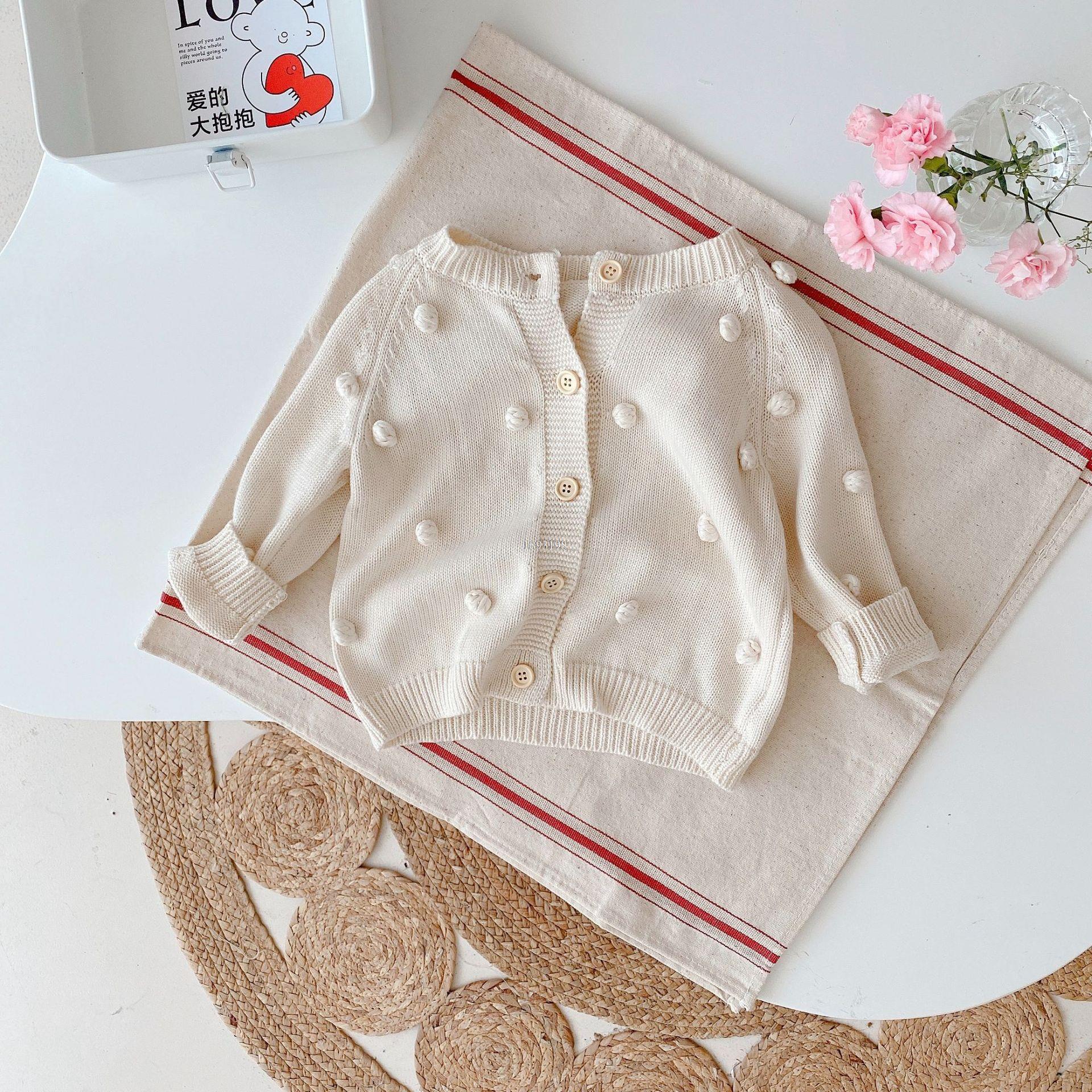 Baby Girls Knitted Cute Sweater Spring And Autumn Children Knitted Ball Cardigan Korean Toddler Kids Sweet Princess Tops: Beige / 4T