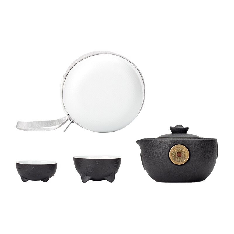 LUWU – théière en céramique avec 2 tasses chat mignon, service à thé de bureau portable de voyage avec étui de voyage