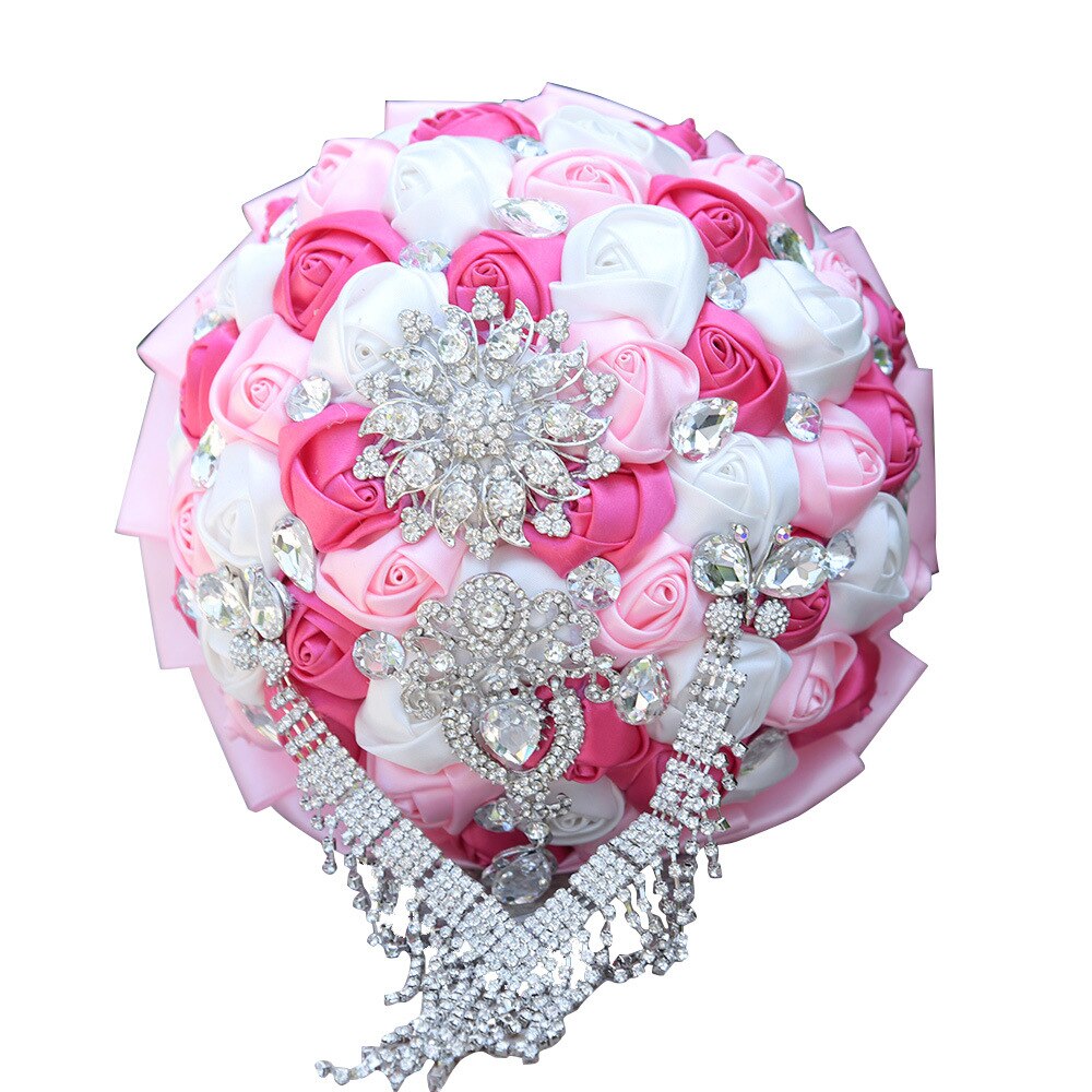 Tassel Diamond Wedding Bouquet White Ivory Pink Burgundy Crystal Silk Rose Wedding Flowers Bouquet De Mariage Bridal Bouquets: Pink