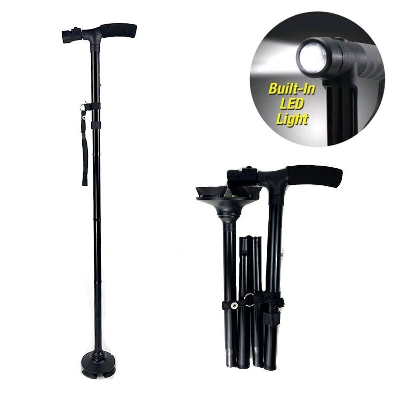 LED Light Safety Walking Stick For Old Man Folding Trekking Poles T-handle Hiking Poles Cane Walking Stick For Elders Crutch