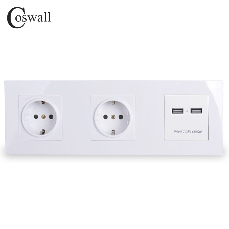 Coswall vegg pc panel dobbel stikkontakt 16a eu stikkontakt dual usb smart ladeport 5v 2a utgangsridder svart farge: Hvit