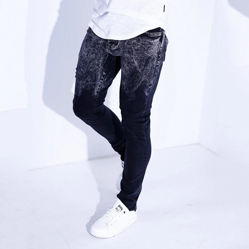 Nuevos y elegantes pantalones vaqueros entallados con estampado rasgado, sencillos y casuales, pantalones azules y negros para hombre: Black / M