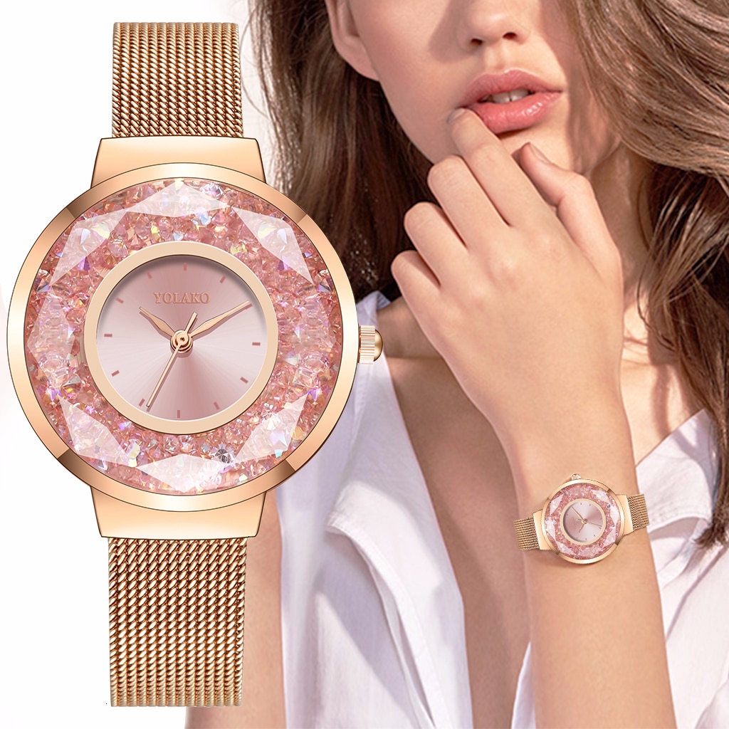 YOLAKO Vrouwen Roestvrijstalen Gaas Riem Moving Diamond Horloge Luxe Dames Quartz Rhinestone Horloges Klok Relogio Feminino
