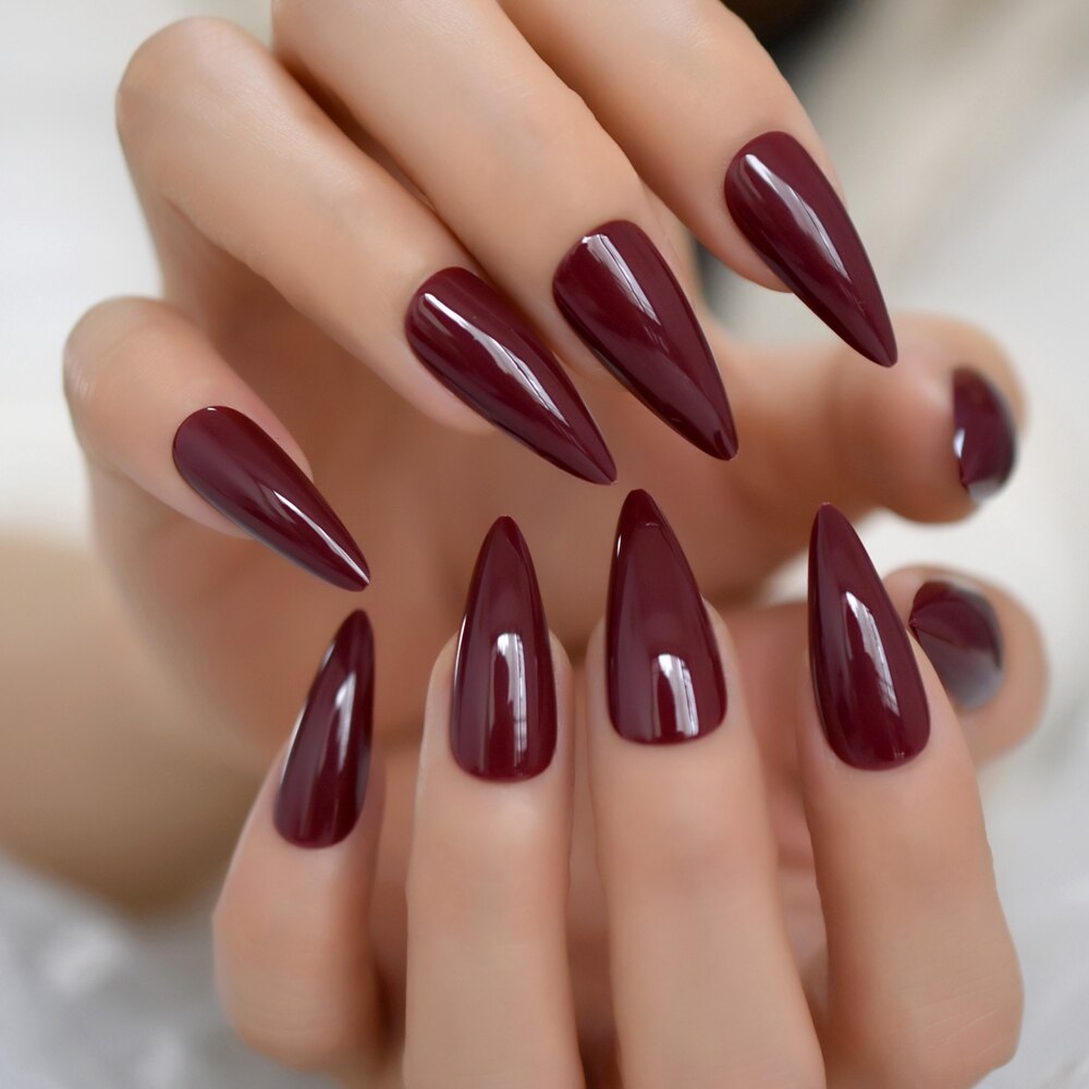 Faux ongles bordeaux à pointe pointue, en acrylique, pour Salon, couverture complète avec autocollant gelée, 24 pièces