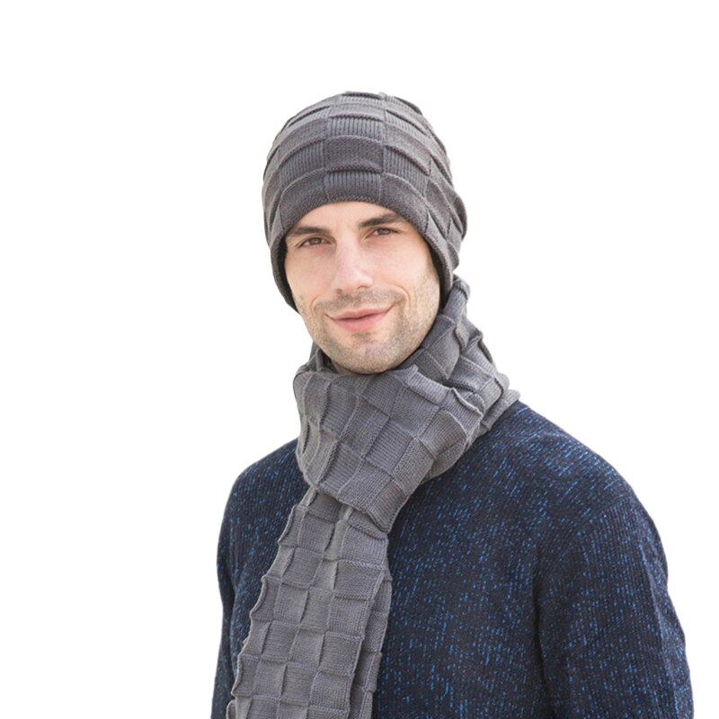 Mannen Gebreide Lange Sjaal Muts Handschoenen 3 Stuks Set Man 2022 Winter Warm Pluche Bescherming Oor Cap Sjaals En Touchscreen handschoenen: gray