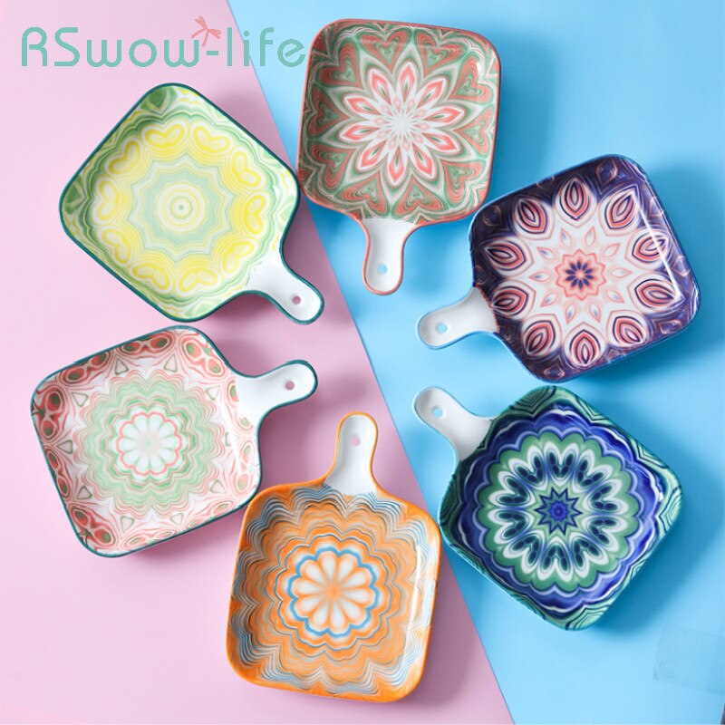 Bohemian Style Single Handle Square Baking Tray Ceramic Plate Household Dishes For Kitchen Utensils