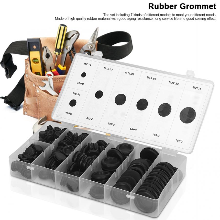 170pcs Black Closed Seal Ring Electrical Wiring Cable Gasket Kit Rubber Grommet Set with Plastic Box rubber