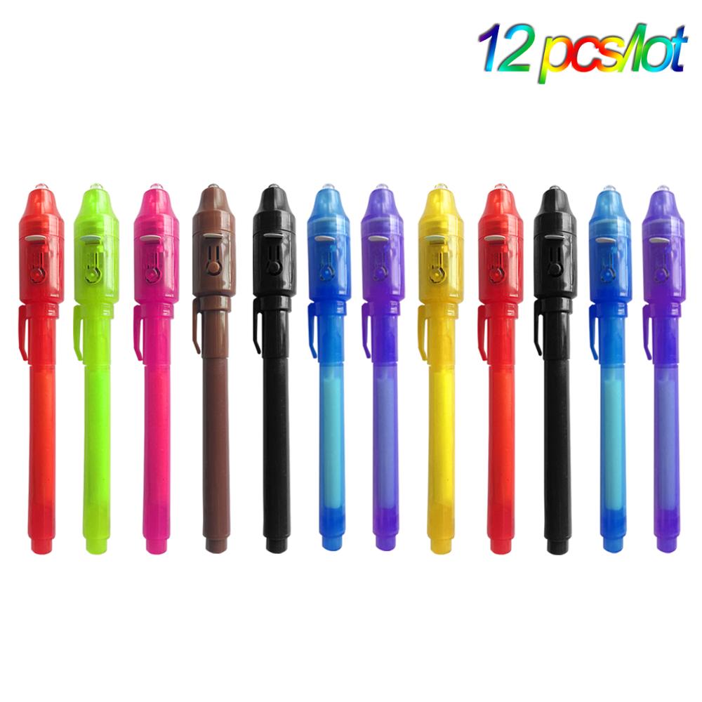 12Pcs/lot UV Light Invisible Ink Pen Secrect Message pens 2 In 1 Magic Pen for Drawing Fun Activity Kids Party Favors