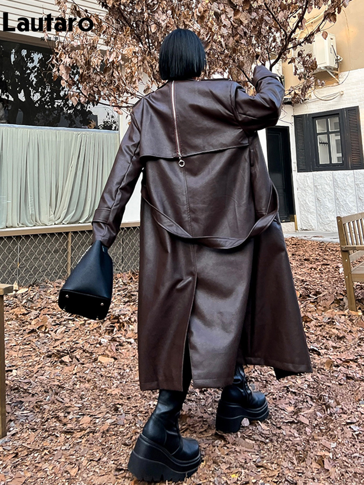 Trench lungo da donna in pelle PU Lautaro, oversize, doppio petto, ampio, abiti firmati di lusso, nero, marrone, primavera