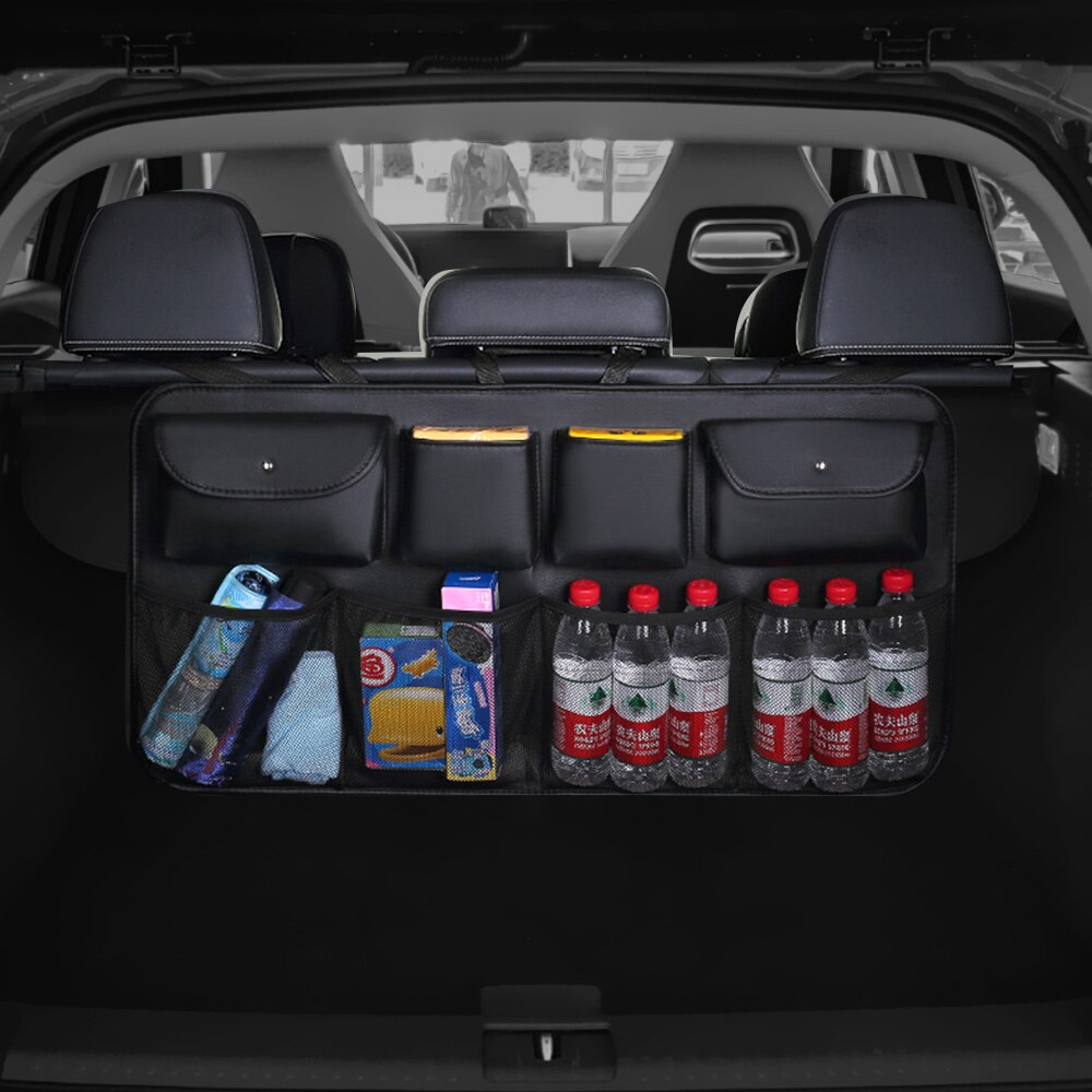 Leepee bil styling pu læder auto opbevaring rydde bil bagsæde ryg opbevaringstaske multi hængende net lomme bil bagagerum arrangør: En sort sort