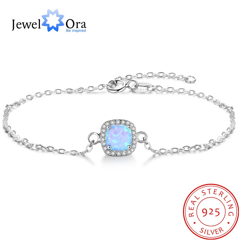 Jewelora 925 Sterling Zilveren Vierkante Gemaakt Blue Opal Armbanden Met Zirconia Chain Armbanden En Armbanden Voor Vrouwen