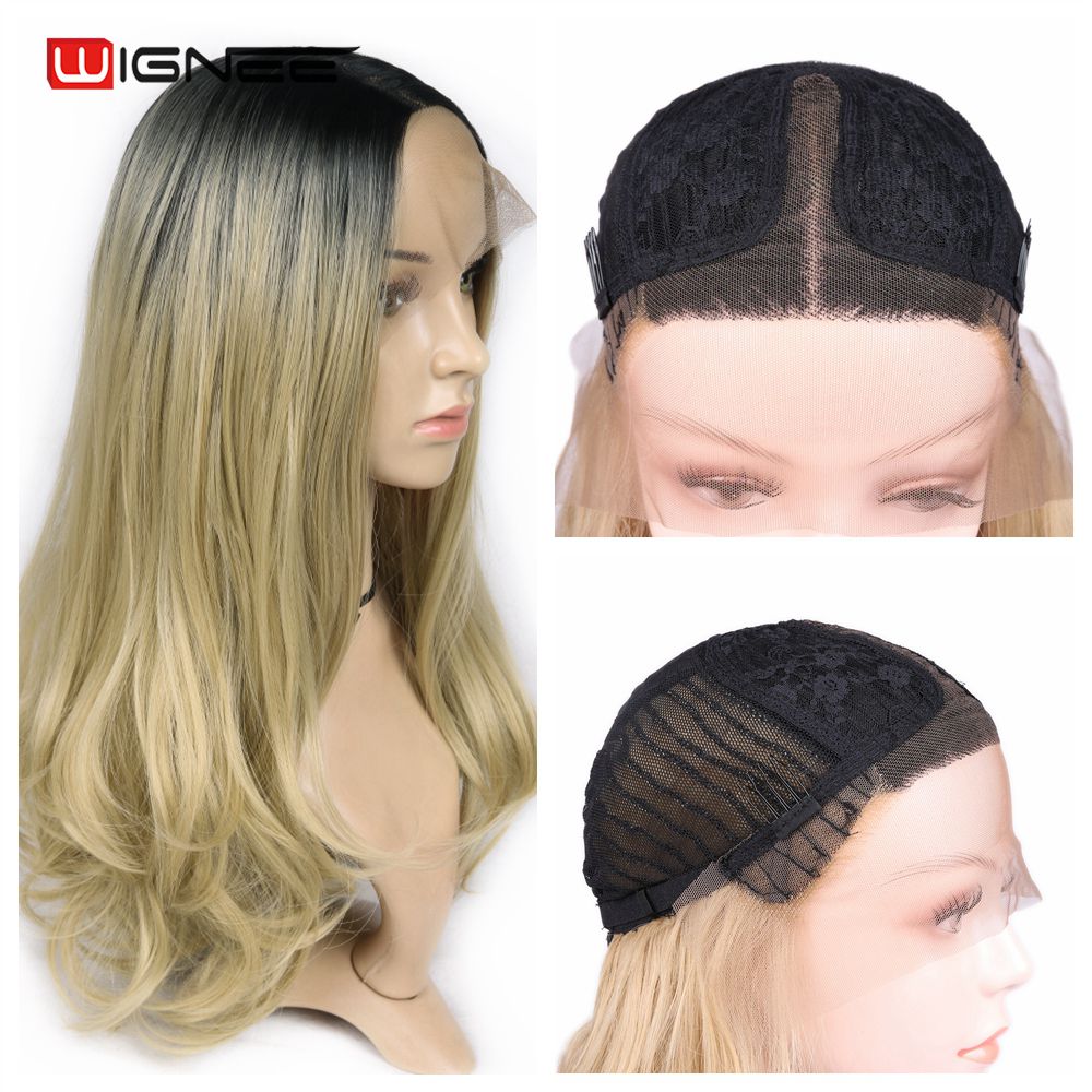 Wignee Long Wavy Synthetic Wig Lace front For Women Heat Resistant Long Hair Wig Middle Part Natural Ombre Ash Blonde Hair Wigs