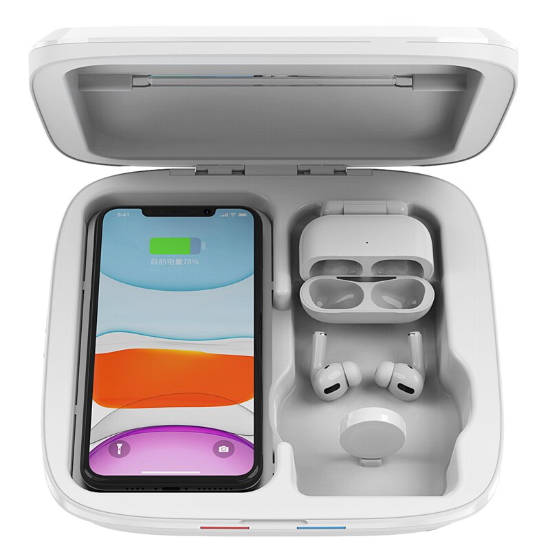 4in1 qi caixa de esterilização carregador sem fio esterilizador do telefone caixa luz uv desinfecção para iphone 11 pro apple relógio para airpods