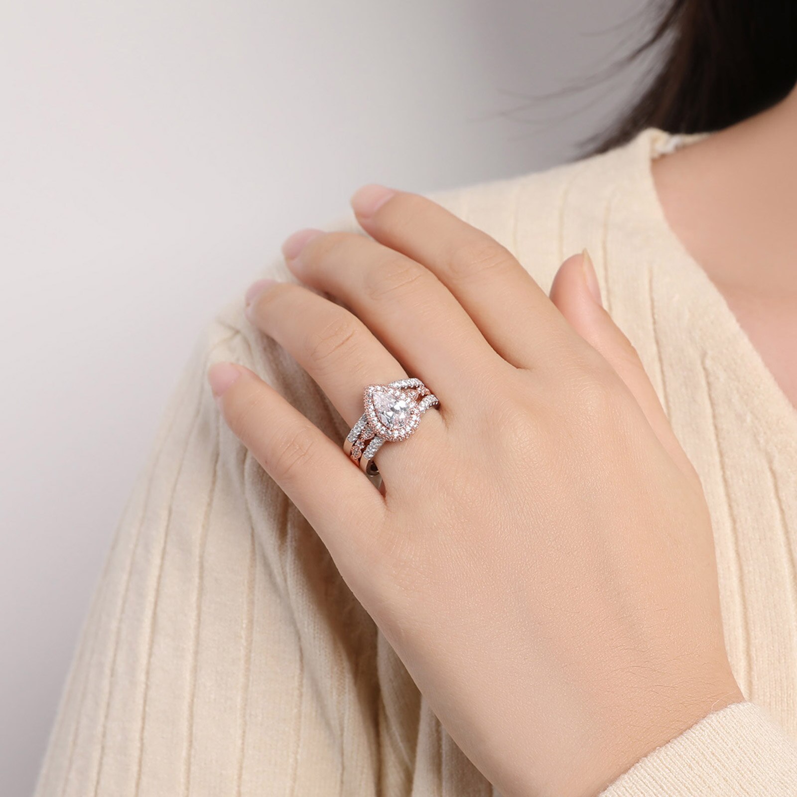 Newshe Hochzeit Braut Band 2,7 Ct Birne Enhancer Engagement Ring Set Für Frauen 925 Sterling Silber Rose Gold AAAAA Zirkon