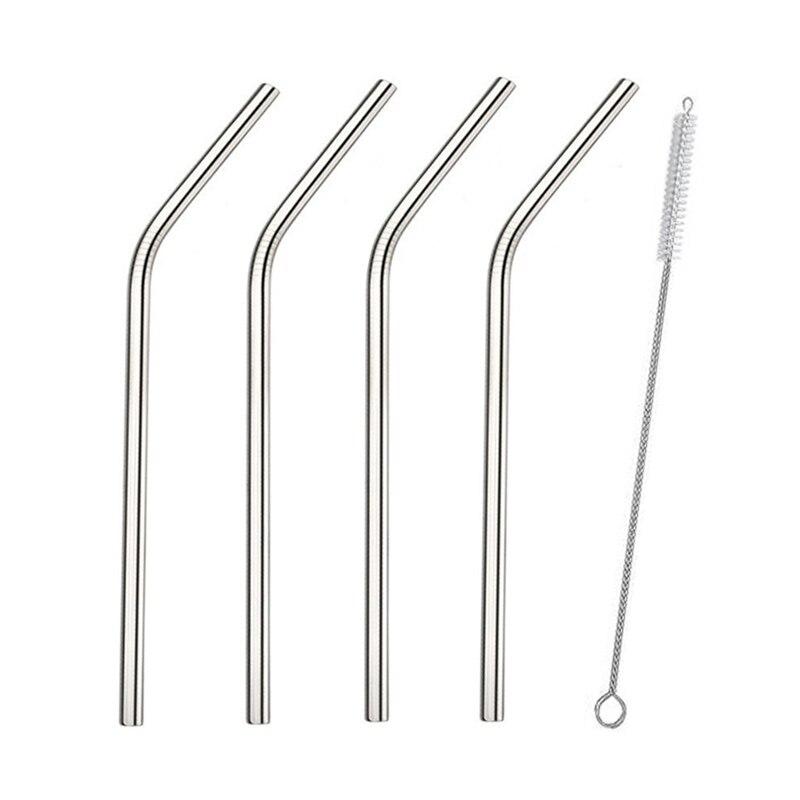 4/8Pcs Edelstahl Strohhalme Metall Wiederverwendbare Trinken Stroh Gold Gerade Gebogen Stroh Mit Reinigung Pinsel und Tasche: Silver(4Pcs Bent)