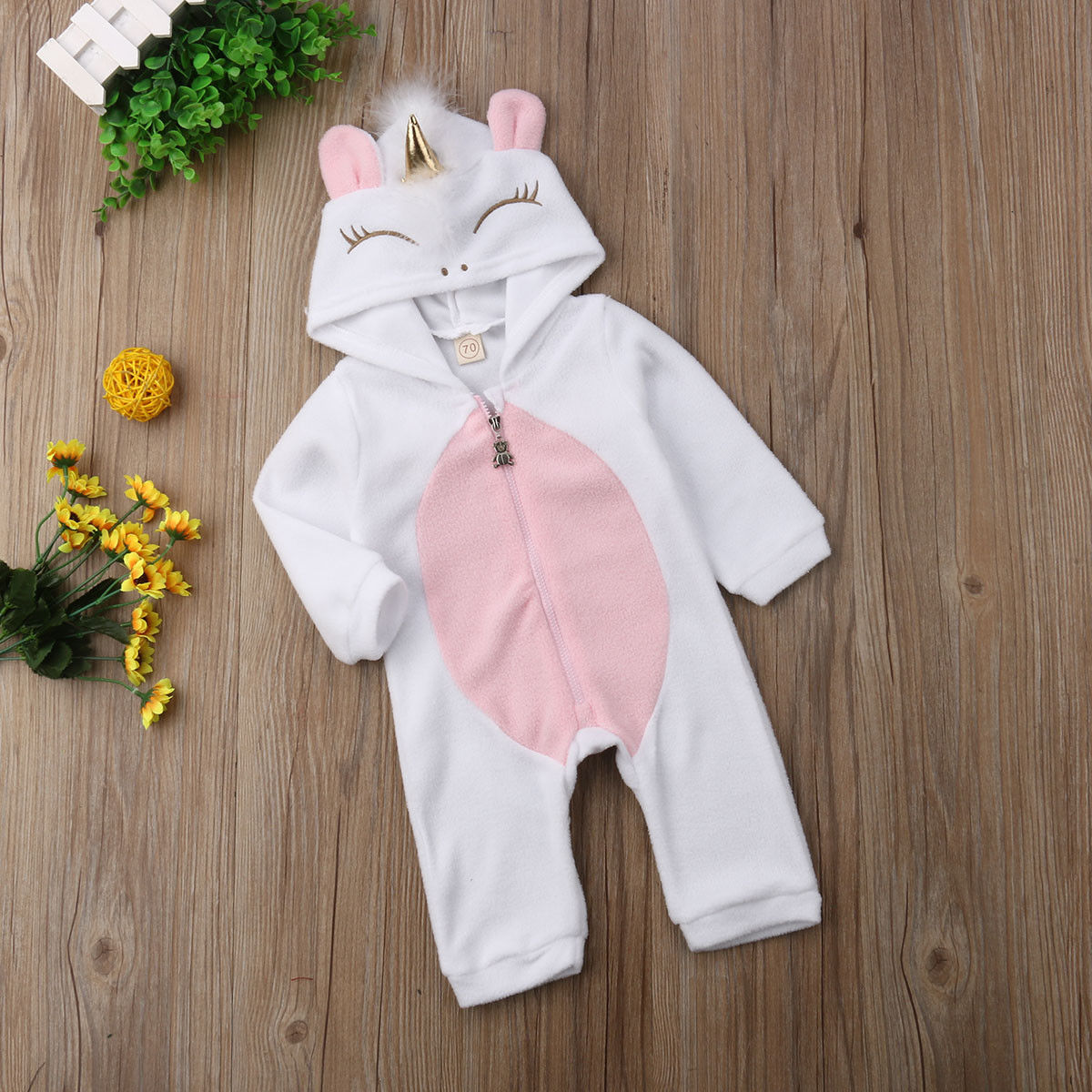 Flicka 3d enhörning flanell kläder flickor tecknad luva varm dragkedja jumpsuit nyfödd kläder: 6m