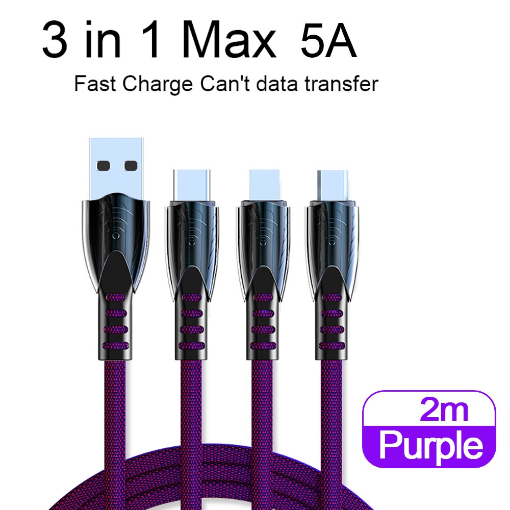 5A szybkie ładowanie 3 w 1 kabel USB Multi szybka ładowarka mikro USB typ C kabel dla iphone'a dla samsunga dla Xiaomi Huawei Oneplus: purpurowy 5A - 2m