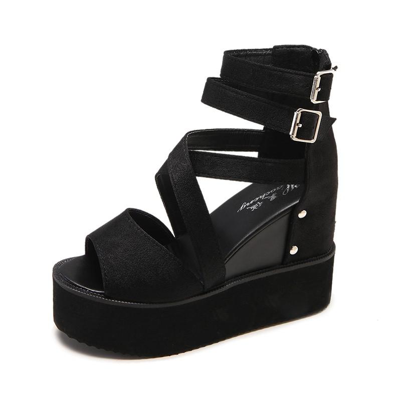 Wedges Platform Sandals Female Peep Toe High Heels Gladiator Buckle Summer Sandals Shoes for Women Shoes Woman Sandals: Black Suede / 40