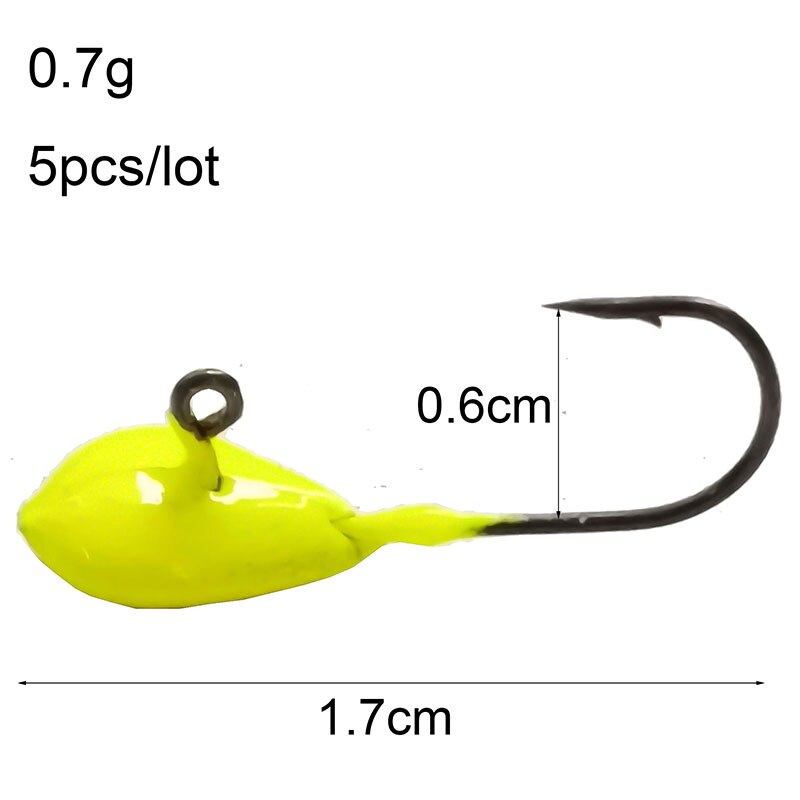 5 Pcs/Lot Mini tête de gabarit de plomb exposée 0.5g 0.7g 1.1g crochet barbelé leurre souple hameçon crochet de pêche sur glace hiver matériel de pêche: 0.7g-yellow