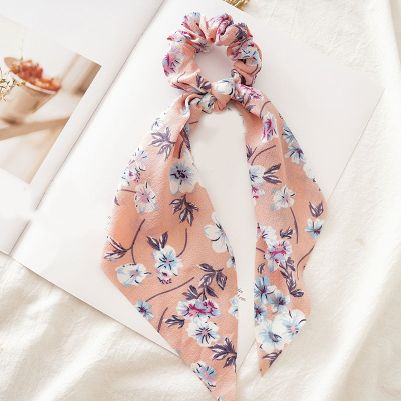 Boheme prikket hår scrunchie sommer blomstret langt bånd elastiske hårbånd til kvinder pontail tørklæde hårslips hår tilbehør: Lyserød