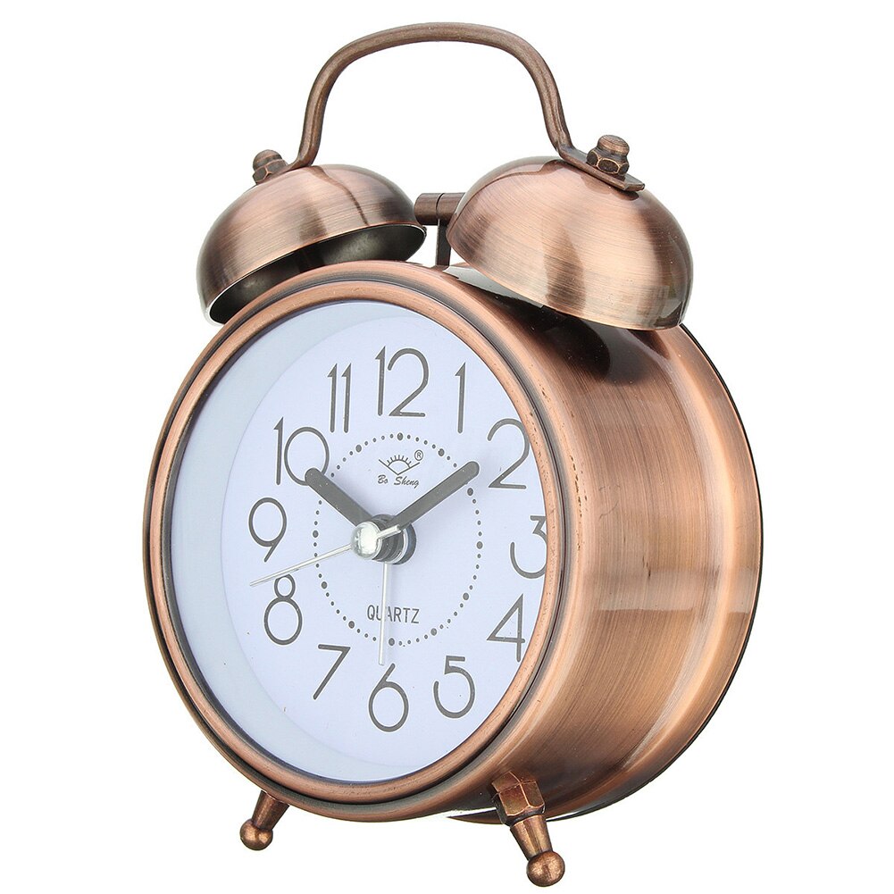 Round Classic Decorative Bedside Double Bell Silent Cute Desktop Quartz Snooze Battery Operated Living Room Alarm Clock: antique brass