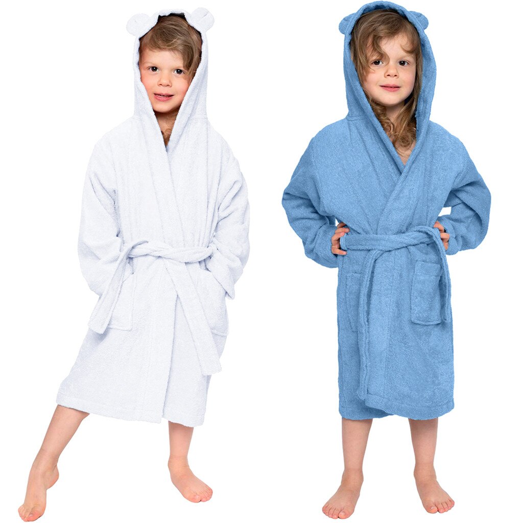 Toddler Boys Girls bathrobes children robe in cotton Solid Hooded Flannel Bathrobes Towel Night-Gown Sleepwear #WS
