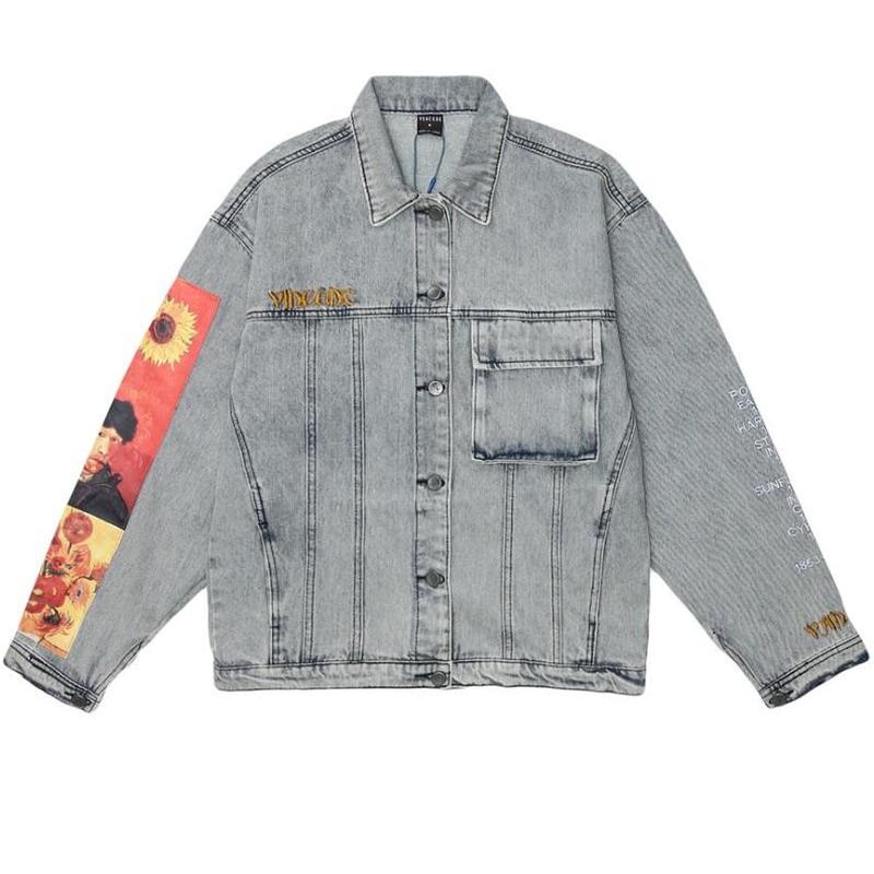 Van Gogh Painting Denim Jacket Men Women Couple Letter Embroidery Hip Hop Streetwear Washed Cotton Vintage Loose Goth Jeans Coat