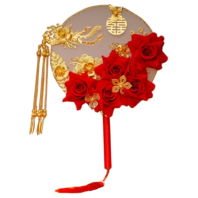 Abanico de estilo chino Vintage para decoración de bodas, abanicos decorativos para novia, redondos, de mano, para tradicional china: Five roses