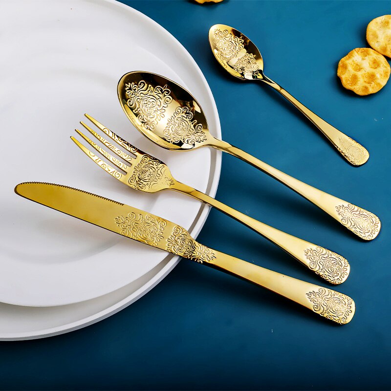 Golden Bestek Set, Europese Mes En Vork Lepel Reliëf Westerse Servies Retro Rvs Bestek Sets