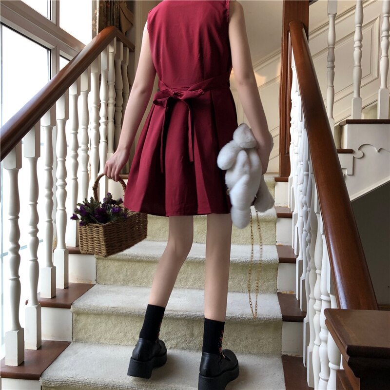 Spring Year Red Petite Set Japanese Style Cloak Coat Women's Inner Vest Pleated Dress japanese school uniform