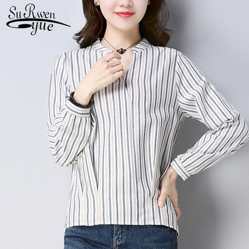 Nueva camisa de manga larga a rayas para oficina para mujer, blusa a la con cuello en V, blusas para mujer, ropa de algodón y lino D813 30