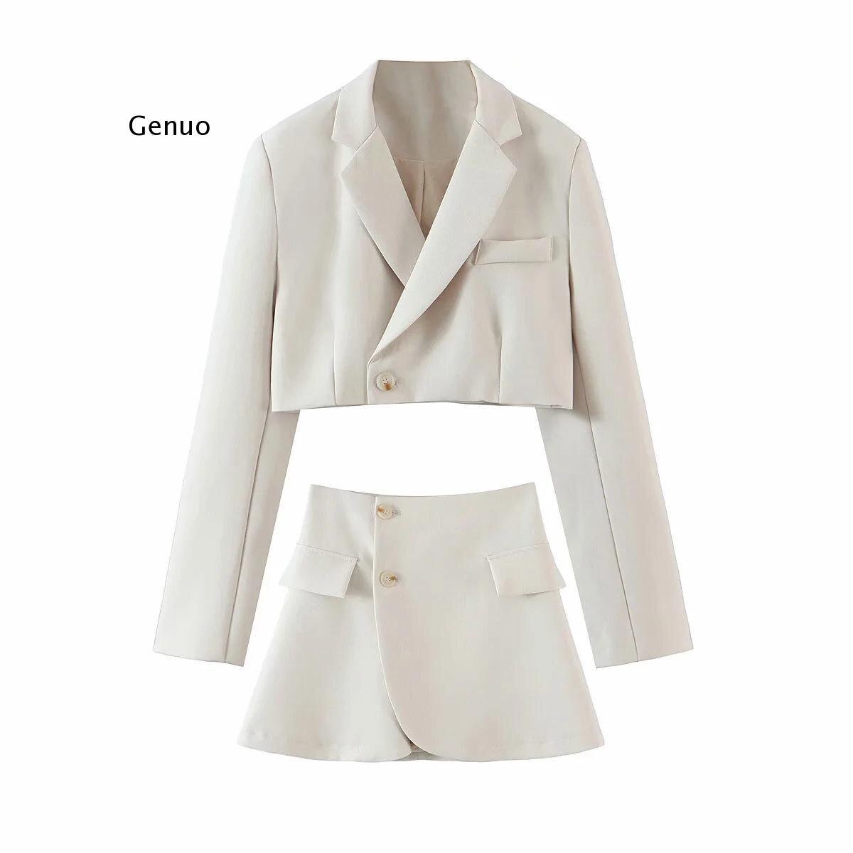 Traje de falda superior para mujer, de color sólido Chaqueta corta, trajes de falda corta con solapa, una hilera de botones, Chaqueta corta de manga larga para otoño, 2 uds.