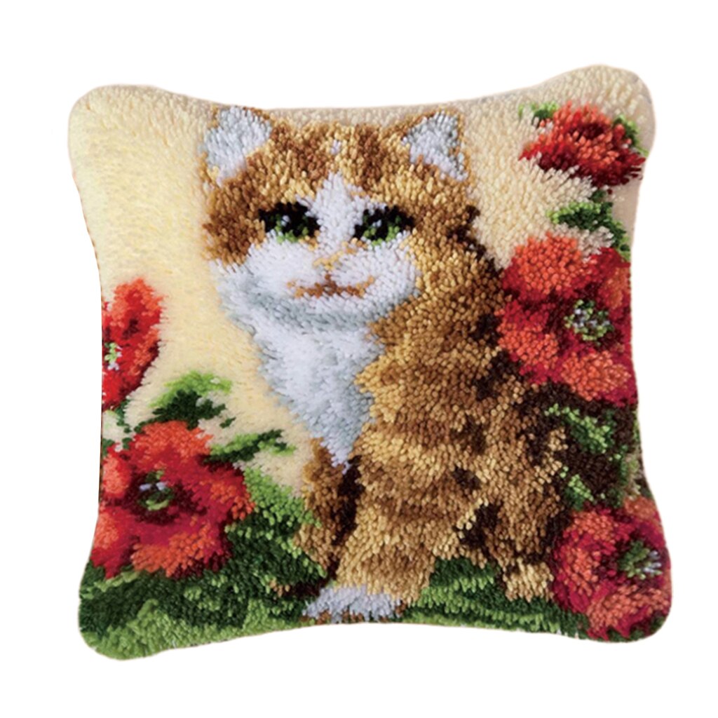 1 Set Decorative Flower Latch Hook Kits Embroidery Pillow Case Cushion Cover: Cat