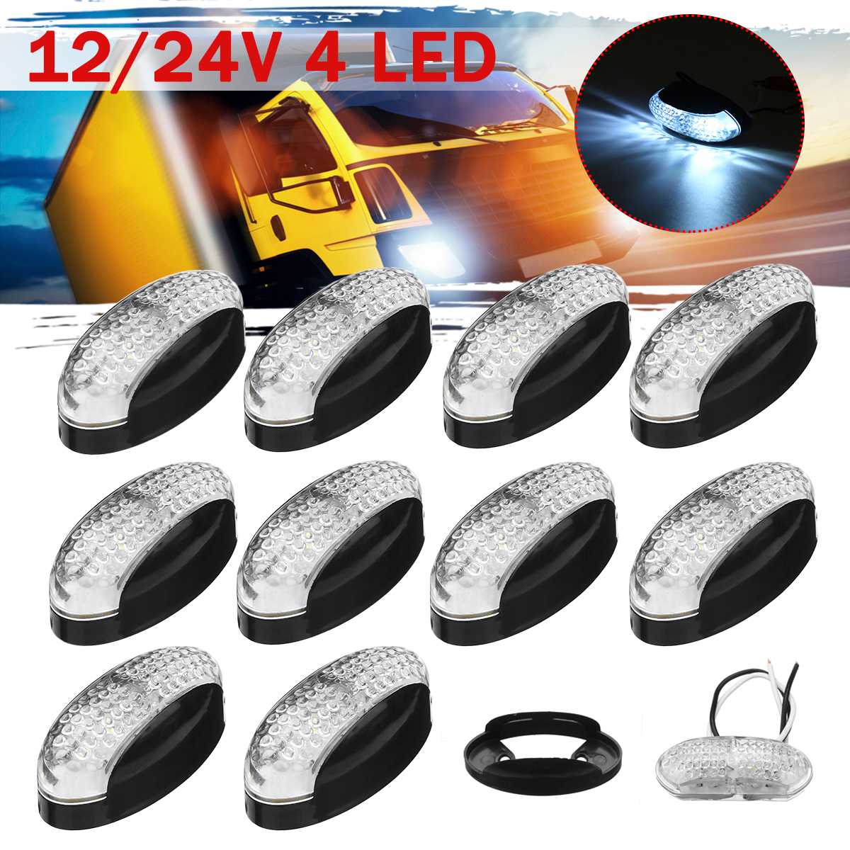 10pcs 12V 24V LED Car Truck Side Marker Light Blinker External Light Signal Lamp Indicator for Lorry Bus Van Caravan White