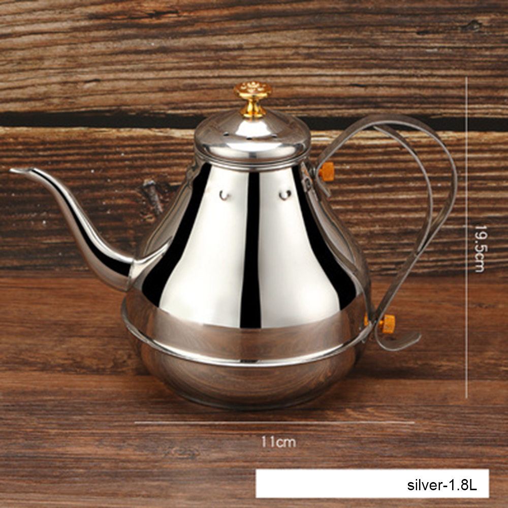 1.2/1.8l rustfritt stål langmunn tekanne kaffekanne vannkoker med tebladinfuser filter kaffetrakter stor kapasitet tekanne: Sølv -1.8l