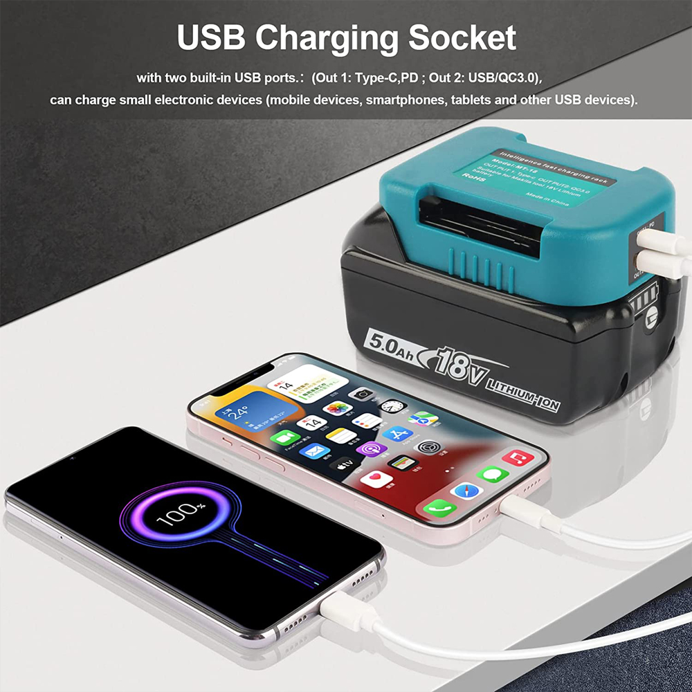 Adaptador de cargador USB mejorado para Makita, Dewalt, Milwaukee, iones de litio de 18V con/sin soporte de batería USB tipo C, carga rápida