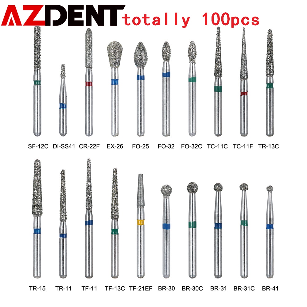 AZDENT 100pcs/20Boxes Dental Diamond Burs Drill for Teeth Porcelain Ceramics Composite Polishing High Speed Handpiece Dia.1.6mm