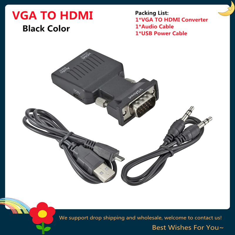 HDMI zu VGA Video Konverter Adapter 1080p VGA zu HDMI Adapter für PC Laptop zu HDTV Projektor Video Audio HDMI-kompatibel zu VGA: Black
