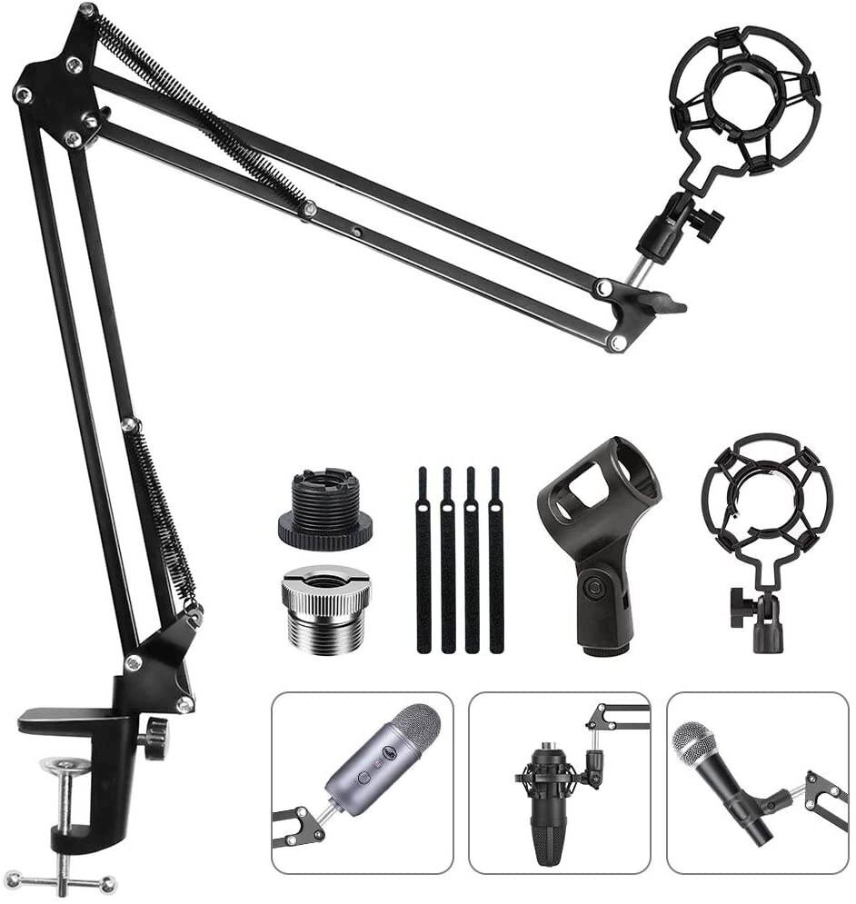 Upgraded Adjustable Microphone Suspension Boom Scissor Arm Stand with Shock Mount Mic Clip Holder 3/8’’ to 5/8’’ Screw Adapter -: Default Title
