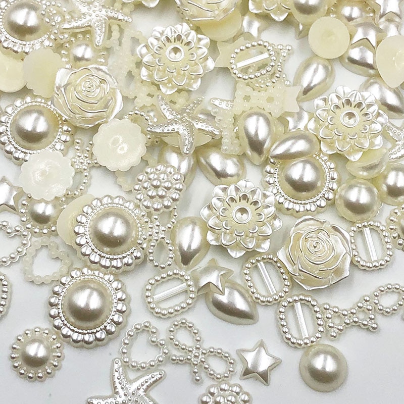 50/100 stk beige abs resin halv rund blomst sløjfe alien perler til kunst flatback non hotfix rhinestones perle sko perler gør-det-selv telefon