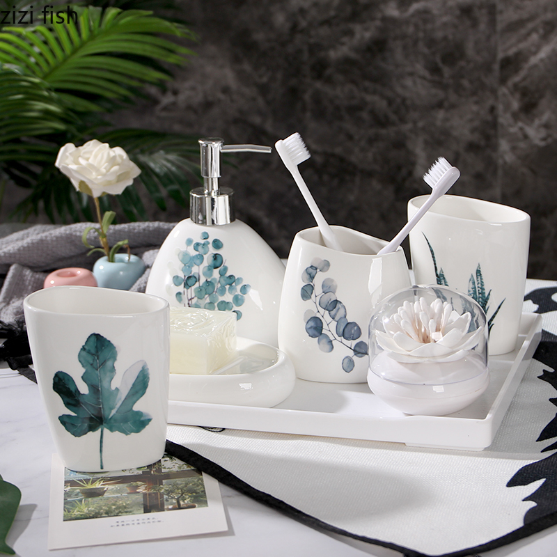 Vert plante nordique céramique salle de bain accessoires ensemble distributeur de savon/porte-brosse à dents/gobelet/porte-savon chine salle de bain produits