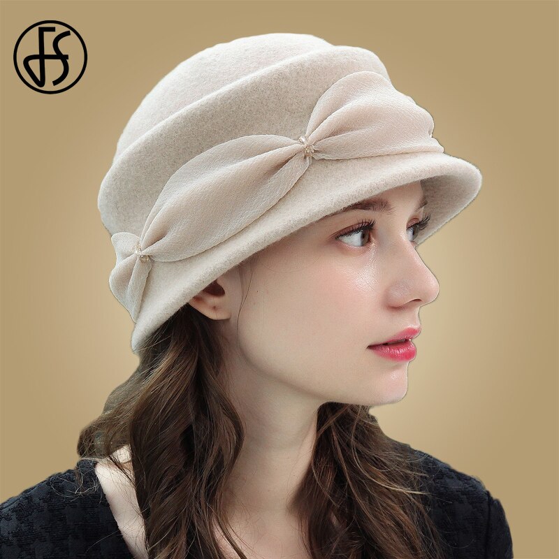 FS Vintage rosa mujer Lana Cloche gorra redonda invierno Fedora cubo Beige vino rojo Bowler sombrero chica gorras