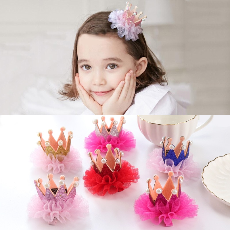 Children&#39;s crown princess flower bud silk hair clips for girls baby hair accessories kids headwear hairpin