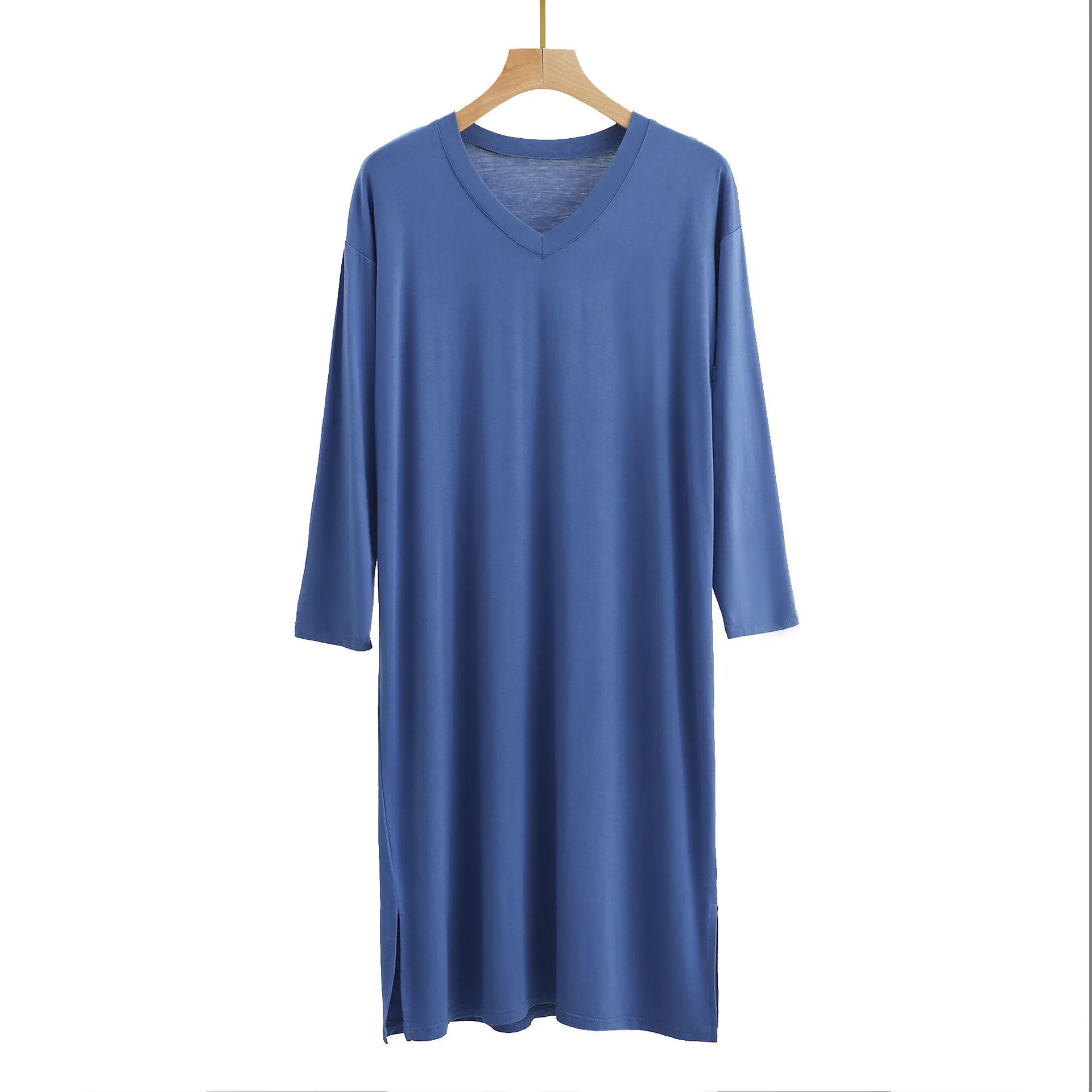 Men's Pajamas Robes Casual Mid-long Knee Length Modal Home Clothes Soft Smooth Stretch Bathrobes Male Sleepwear Dress: L / Blue