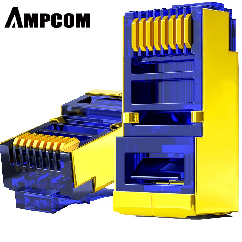 Ampcom suojattu  rj45 cat 6 liitin modulaarinen pistokeliitin 8 p 8c puristuspää ethernet-kaapeli ethernet-liitin kullattu 50u: Sininen / 10- kpl