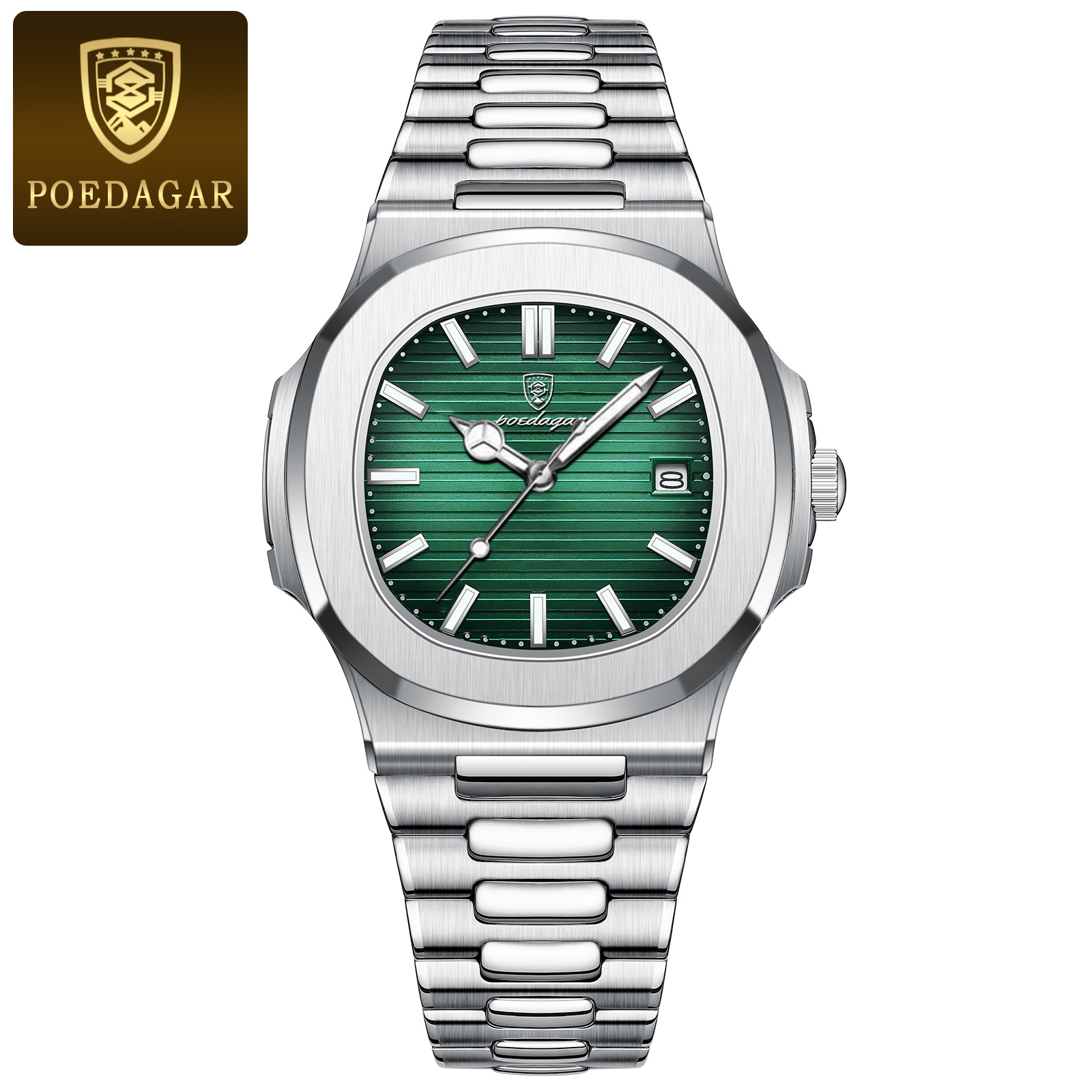 POEDAGAR Luxury Man Wristwatch Business Stainless Steel Quartz Men Watch Waterproof Luminous Date Square Men's Watches Clock+Box: Pink