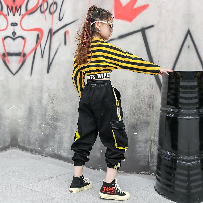 Piger hiphop dans kostumer til børn gul stribe top hiphop bukser moderne dans rave tøj jazz street wear dqs 5461